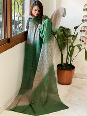Green, Grey Handmade Reverse Nakshi Kantha Dupatta in Pure Tussar Silk