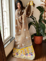 Golden Brown Handpainted Dupatta with Kantha Hand Embroidery in Pure Silk