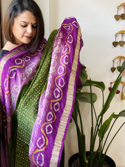 Pink, Green Handmade Bandhani Dupatta on Pure Silk