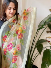 Lime Yellow Organza Dupatta with cross-stitch embroidery
