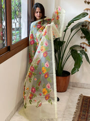 Lime Yellow Organza Dupatta with cross-stitch embroidery