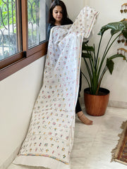 White Handmade Kantha Dupatta in Pure Cotton