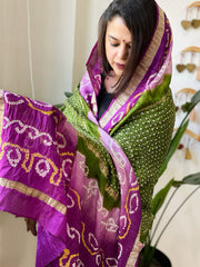 Pink, Green Handmade Bandhani Dupatta on Pure Silk