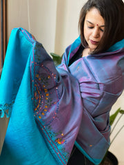 Blue Handmade Kutchi Embroidered Dupatta in Pure Tussar Silk