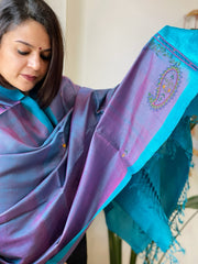 Blue Handmade Kutchi Embroidered Dupatta in Pure Tussar Silk