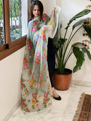 Dusty Sea Green Organza Dupatta with cross-stitch embroidery