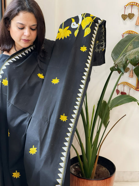 Black Handmade Kantha Dupatta in Pure Cotton