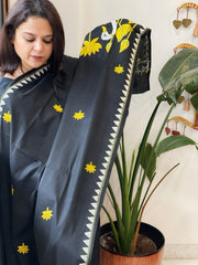 Black Handmade Kantha Dupatta in Pure Cotton
