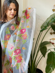 Bluish Grey Organza Dupatta with cross-stitch embroidery