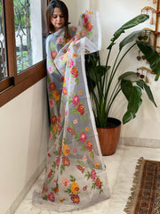Bluish Grey Organza Dupatta with cross-stitch embroidery