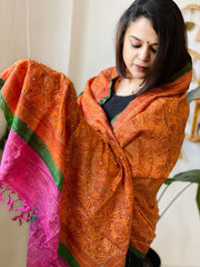 Orange Handmade Nakshi Kantha Dupatta in Pure Tussar Silk