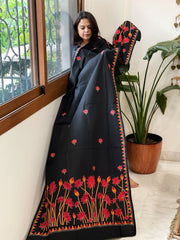 Black Handmade Kantha Dupatta in Pure Cotton