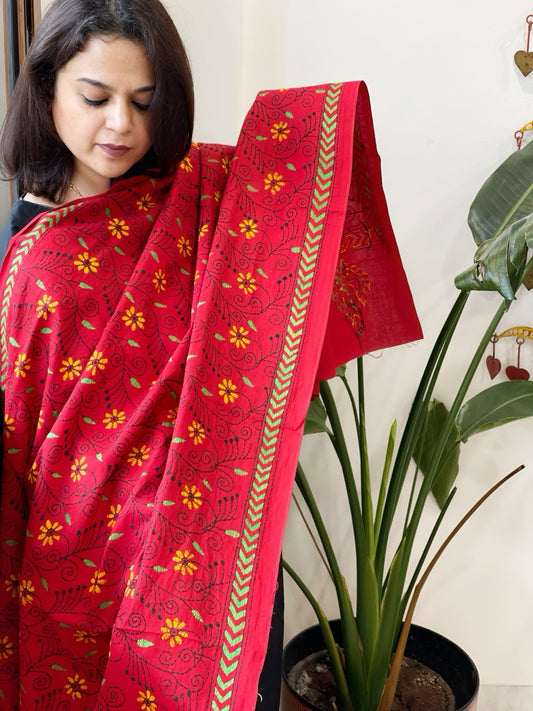 Red Handmade Kantha Dupatta in Pure Cotton