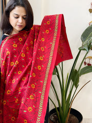 Red Handmade Kantha Dupatta in Pure Cotton