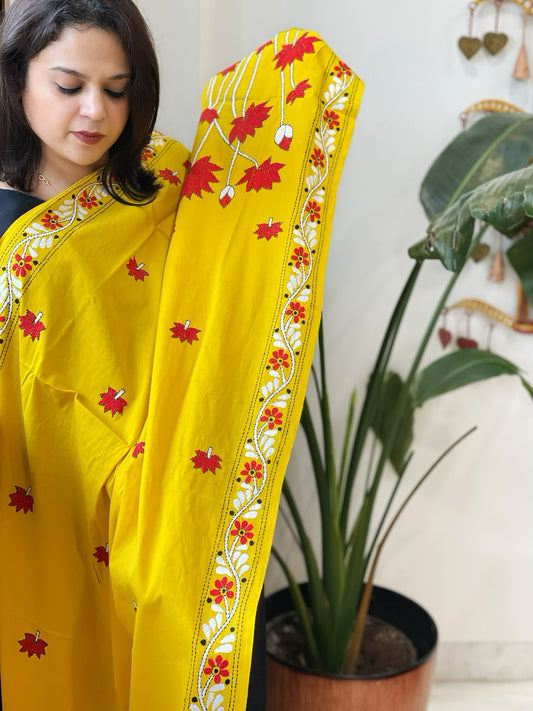 Yellow Handmade Kantha Dupatta in Pure Cotton