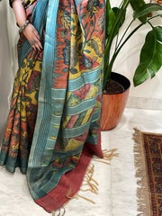 Handpainted Kalamkari Saree in Pure Tussar Silk