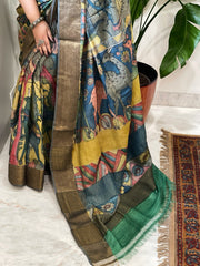 Handpainted Kalamkari Saree in Pure Tussar Silk