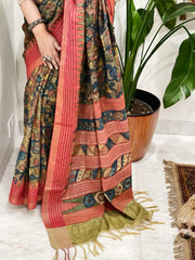 Handpainted Kalamkari Saree in Pure Vidharbha Tussar Silk
