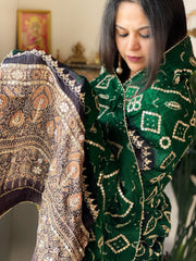 Green Rai Bandhani, Ajrakh Dupatta with Gotapatti Handwork in Gajji Silk