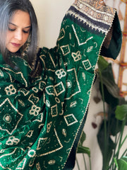 Green Rai Bandhani, Ajrakh Dupatta with Gotapatti Handwork in Gajji Silk