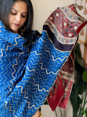 Firozi Rai Bandhani, Ajrakh Dupatta with Gotapatti Handwork in Gajji Silk