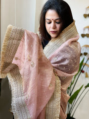 Baby Pink Crushed Tissue Dupattas with Cut Daana, Sequin Work and Gota Border