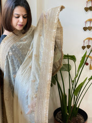Cream Crushed Tissue Dupattas with Cut Daana, Sequin Work and Gota Border