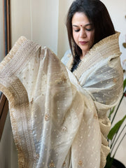 Cream Crushed Tissue Dupattas with Cut Daana, Sequin Work and Gota Border
