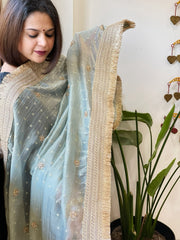 Aqua Green Crushed Tissue Dupattas with Cut Daana, Sequin Work and Gota Border