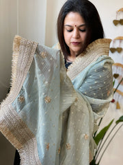 Aqua Green Crushed Tissue Dupattas with Cut Daana, Sequin Work and Gota Border