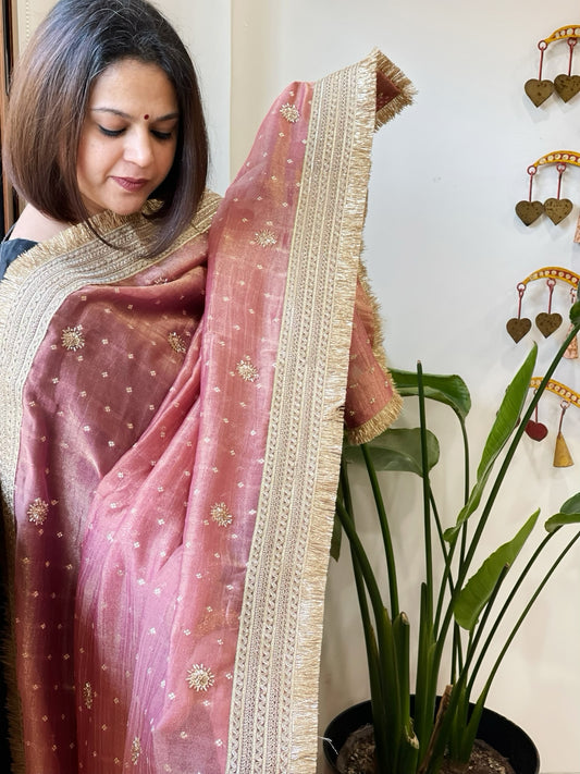 Onion Pink Crushed Tissue Dupattas with Cut Daana, Sequin Work and Gota Border