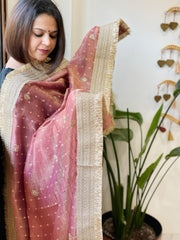 Onion Pink Crushed Tissue Dupattas with Cut Daana, Sequin Work and Gota Border