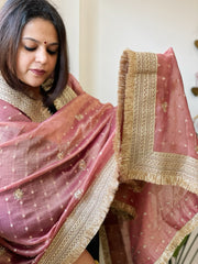 Onion Pink Crushed Tissue Dupattas with Cut Daana, Sequin Work and Gota Border