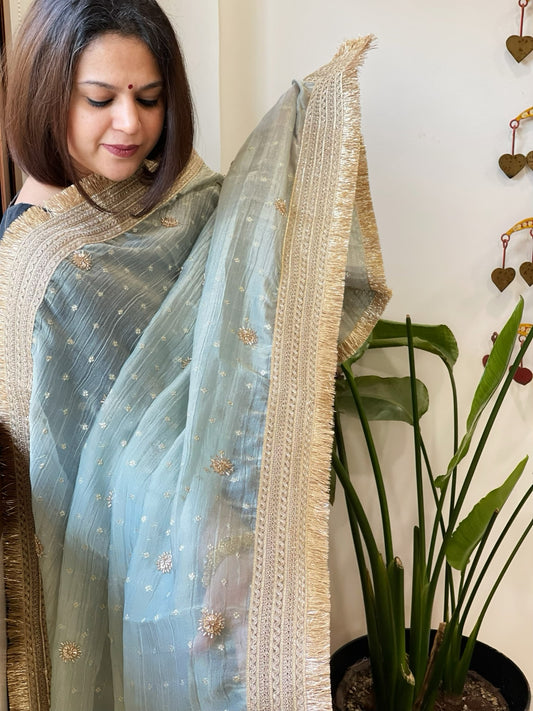 Aqua Blue Crushed Tissue Dupattas with Cut Daana, Sequin Work and Gota Border