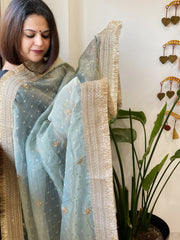 Aqua Blue Crushed Tissue Dupattas with Cut Daana, Sequin Work and Gota Border