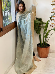 Aqua Blue Crushed Tissue Dupattas with Cut Daana, Sequin Work and Gota Border