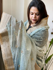Aqua Blue Crushed Tissue Dupattas with Cut Daana, Sequin Work and Gota Border