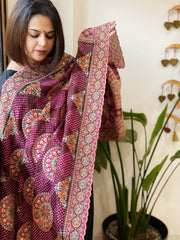 Wine Chinon Dupatta with Aari Embroidery