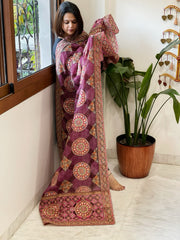 Wine Chinon Dupatta with Aari Embroidery