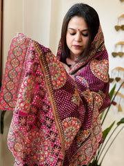 Wine Chinon Dupatta with Aari Embroidery