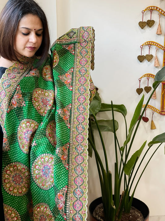 Green Chinon Dupatta with Aari Embroidery