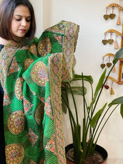 Green Chinon Dupatta with Aari Embroidery