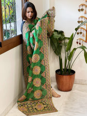 Green Chinon Dupatta with Aari Embroidery