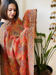 Orange Chinon Dupatta with Aari Embroidery