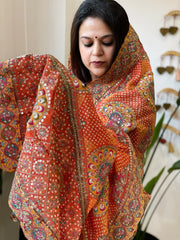 Orange Chinon Dupatta with Aari Embroidery
