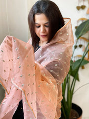 Peach Organza Dupatta with Pitta Work Butas and Gota Lace Border