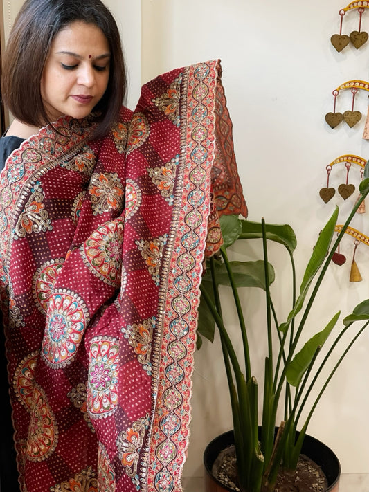 Maroon Chinon Dupatta with Aari Embroidery