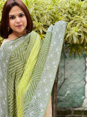 Green, Olive Green Rai Bandhej Dupatta with Lucknowi Handwork in Pure Georgette