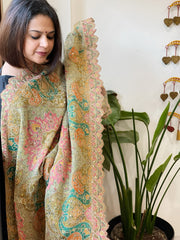 Dusty Green Chinon Dupatta with Aari Embroidery
