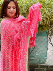 Fluorescent  Pink Rai Bandhej Dupatta with Lucknowi Handwork in Pure Georgette